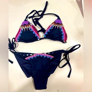 Agua Bendita- navy embellished bikini top and bottom